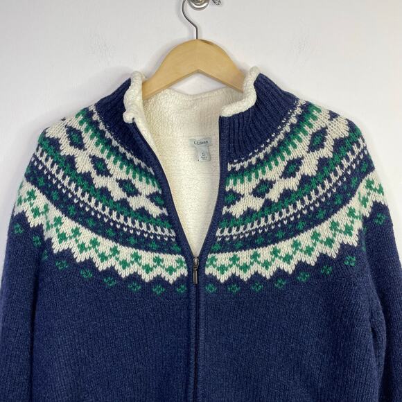 LL Bean Ragg Lambs Wool Fair Isle Sherpa Lined Zip Cardigan Sweater XL Petite - Picture 4 of 16